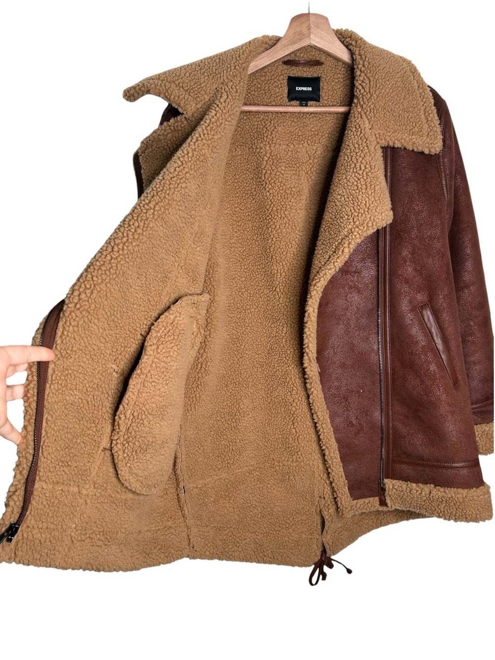 Express Faux Suede Sherpa Teddy Moto Jacket Brown Oversized Women’s Size Small - Picture 8 of 10